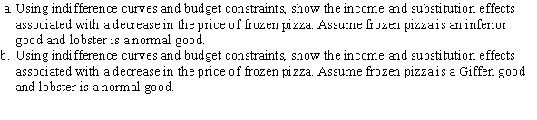 Suppose a consumer spends her income on lobster and frozen pizza. Assume that the consumer has an income of $60, the price of lobster is $6, and the price of frozen pizza is $6.  <div style=padding-top: 35px> 