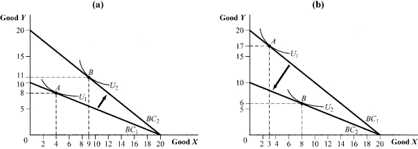 Use the following to answer question: Figure 5.35   -For a constant income, the cross-price elasticity of demand between good X and Y in figure A is _____. In figure B it is _____
