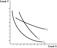 Use the following to answer question: Figure 4.11   -(Figure 4.11)  The indifference curve _____ indicates that the two goods, X and Y, are relatively poor substitutes for one another, whereas the indifference curve _____ indicates that the two goods are close substitutes for one another. A)  U<sub>1</sub>; U<sub>3</sub> B)  U<sub>3</sub>; U<sub>2</sub> C)  U<sub>2</sub>; U<sub>1</sub> D)  U<sub>3</sub>; U<sub>1</sub>