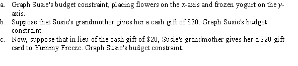 Susie likes to shop at the Flower Mart, where a vase of flowers is priced at $10. She also likes to shop at Yummy Freeze, where a cup of frozen yogurt is priced at $5. Susie has an income of $60.  