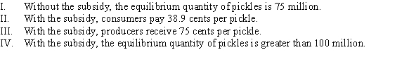 The demand and supply of pickles are given by Q<sup>D</sup> = 300 - 500P and Q<sup>S</sup> = 400P - 150, where P is the price per pickle and Q measures the quantity of pickles in millions. Suppose the government creates a subsidy of $0.25 per pickle. Which of the following statements are TRUE?   A)  II, III, and IV B)  I and III C)  II and IV D)  I, III, and IV