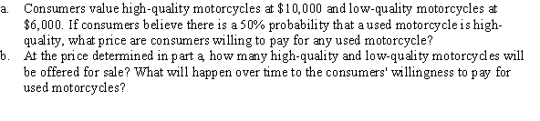 The supply of used high-quality motorcycles is Q<sub>H</sub> = 0.2P<sub>H</sub> - 1,000, and the supply of used low-quality motorcycles is Q<sub>L</sub> = 0.5P<sub>L</sub> - 1,000. In the used-motorcycle market, potential buyers cannot tell them apart.  