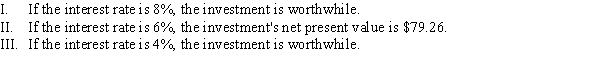 Use the following to answer question: Table 14.2 Period Costs Benefits 0 $2,000 $ 0 1 0 800 2 0 500 3 0 1,000 -(Table 14.2)  The table depicts the costs and benefits of an investment. Which of the following statements is (are)  TRUE?   A)  II and III B)  I, II, and III C)  II D)  III