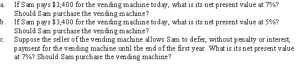 Sam is considering purchase of a vending machine to sell sodas. The cost of the vending machine is $3,400. Sam estimates that the vending machine will last for five years and will provide net income of $800 each year for its lifetime.  