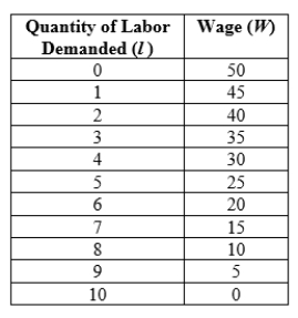 Use the following to answer questions 5-7: Table 13.1   -(Table 13.1)  If the market wage is $25, the firm should hire _____ workers. A)  5 B)  4 C)  3 D)  6