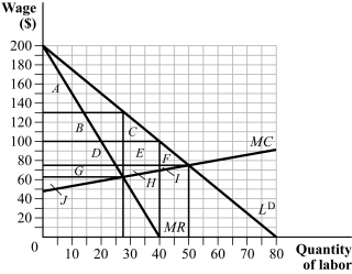 Use the following to answer questions 43-44: Figure 13.6   -(Figure 13.6)  The figure represents a labor union with wage in dollars and quantity of labor in hundreds of hours. If the labor union chooses to maximize profit, the deadweight loss will be: A)  C + E + F + H + I. B)  F + I. C)  C + E + F. D)  B + D + G.