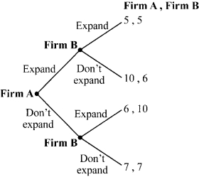 <strong>Use the following to answer question: Figure 12.2   (Figure 12.2) Two firms are considering whether to expand their production capacity. Which of the following statements is TRUE?</strong> A) The outcome is (10 , 6) or (6 , 10). B) There is no first-mover advantage. C) Neither firm expands its production capacity. D) There is a first-mover advantage. <div style=padding-top: 35px> 