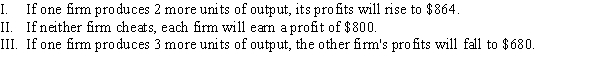 <strong>The inverse market demand curve is P = 170 - 4Q. Two firms in this market are evenly splitting the output. Each firm produces the product at a constant marginal cost of $10. Which of the following statements is TRUE? </strong> A) I and III B) II and III C) I and II D) I, II, and III