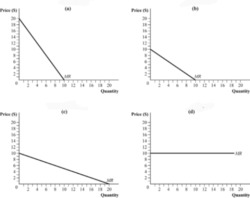 <strong>Use the following to answer question: Figure 11.4 (Figure 11.4) In a Cournot market with two firms, the inverse market demand curve is P = 20 - 0.5Q, where Q = q<sub>1</sub> + q<sub>2</sub>.<sub> </sub>(Firm 1's output = q<sub>1</sub>; Firm 2's output = q<sub>2</sub>.) If Firm 2 produces 20 units of output, Firm 1's residual marginal revenue curve is depicted in:</strong> A) panel a. B) panel b. C) panel c. D) panel d.