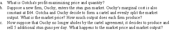 Gotcha, the only seller of stun guns, faces the inverse market demand curve P = 400 - 12Q, where Q measures the number of stun guns per day and P is the price per stun gun. The marginal cost is constant at $64.