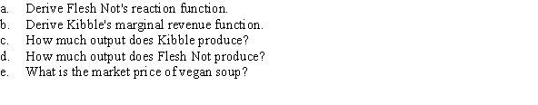 Consider the market for vegan soup. Two firms, Kibble and Flesh Not, are in Stackelberg competition. Flesh Not observes Kibble's output level before choosing its desired output level. The market inverse demand curve for vegan soup is P = 18 - Q, where Q measures cups of soup produced by Kibble and Flesh Not, q<sub>K</sub> and q<sub>F</sub>, and P is the price per cup. Kibble and Flesh Not produce soup at a constant marginal cost of $2.