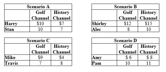 Use the following to answer question: Table 10.4   -(Table 10.4)  The table shows consumer valuations (maximum willingness to pay per month)  for two cable television networks. In which of the scenarios would a cable television company have an increase in producer surplus from using a bundling strategy as opposed to selling channel access separately? A)  Scenario A B)  Scenario B C)  Scenario C D)  Scenario D