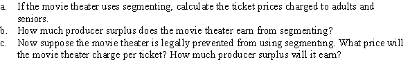 A movie theater faces the following hourly inverse demand curves: Seniors: P<sub>S</sub> = 12 - 0.5Q Adults: P<sub>a</sub> = 19 - Q The marginal cost is constant at $1.  