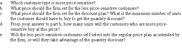 Use the following to answer question: Figure 10.14   -(Figure 10.14) Suppose a firm plans to use indirect price discrimination through quantity discounts. The firm cannot identify which customers are Type A or Type B before the purchase, so the firm would like to offer a regular-price plan and a quantity discount plan to suit the customers' personal price sensitivity.  