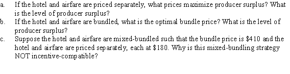 Use the following to answer question: Table 10.16   -(Table 10.16) The table shows the consumer's willingness to pay for a hotel stay and airfare. Assume that marginal cost is zero for both goods.  