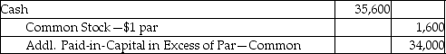 Caesar Cruise Lines,Inc.issues 2,000 shares of common stock with a $1 par value.The issue price of the stock is $18 per share,and the company paid an underwriter $400 in stock issue costs.What is the journal entry required to record the issuance of the shares? A) B) C) D)