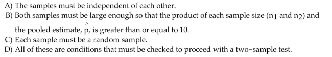 Which of the following is not a condition that must be checked before proceeding with a two-sample test?