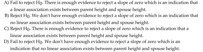 Use the following information to answer the question. A random sample of 30 married couples were asked to report the height of their spouse and the height of their biological parent of the same gender as their spouse. The output of a regression analysis for predicting spouse height from parent height is shown. Assume that the conditions of the linear regression model are satisfied. Test the hypothesis that the slope is zero (significance level is 0.05), then choose the correct decision regarding the null hypothesis and the statement that correctly summarizes the conclusion.