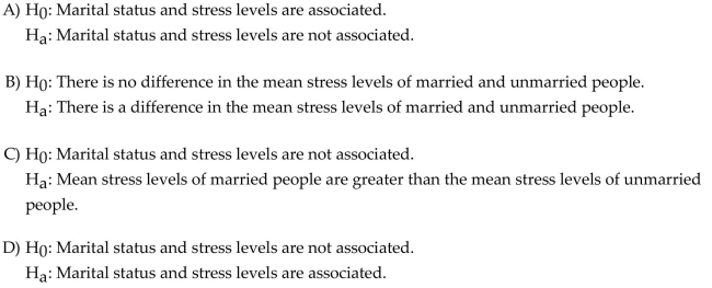 Use the following information for the question. Researchers conducted a study that examined marital status and stress levels. A hypothesis test was conducted to test the claim that people with different marital statuses have a different mean stress level. The TI-84 output for the test is shown below. State the null and alternative hypothesis.