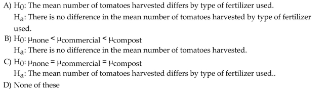 Use the following information for the question. A group of home gardeners want to test whether the type of soil used to grow heirloom tomatoes has an effect on the number of tomatoes harvested. Gardeners randomly assigned tomato plants to be grown in soil with no fertilizer, commercial plant food, and homemade compost. All other growing conditions were kept the same. Forty plants were assigned to each group. At the end of the growing season the number of tomatoes harvested was counted. Assume that all other conditions for the ANOVA test have been met. State the null and alternative hypothesis.