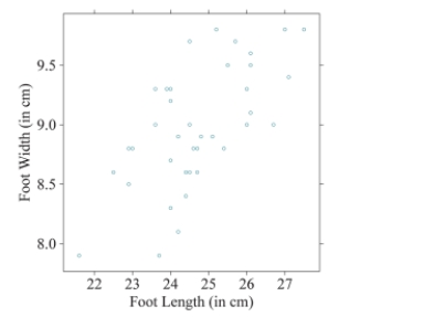 Use the following information for following questions . The scatterplot shows the relationship between the foot lengths and foot widths of children. The coefﬁcient of determination was found to be 41.09%.   -Calculate the value of the correlation coefﬁcient between a car's age and its current value. A) r =−0.4109 B) r =−0.6410 C) r = 0.4109 D) r = 0.6410