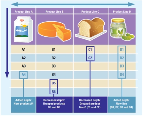 A chart representing changes to a product mix   -Krisnak Inc.,a scented candle manufacturer,introduced a different range of candles with exotic scents such as ice mint,desert flower,and sea breeze.What change in the product mix was made by Krisnak Inc.? A)  It changed the number of stock keeping units. B)  It added a new product line and increased product line depth. C)  It changed the product category by replacing an entire product line. D)  It increased product mix breadth. E)  It changed the brand orientation.