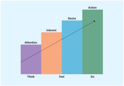 A bar graph representing the stages in the AIDA model   -Which of the following is the stage in the AIDA model that is associated with an actual purchase by customers? A)  Attention B)  Development C)  Desire D)  Interest E)  Action