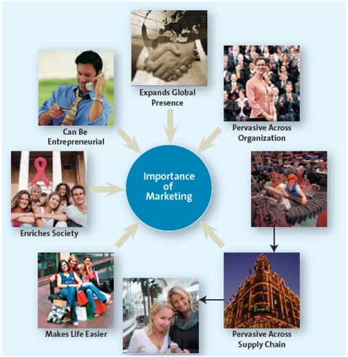 A chart representing the importance of marketing   -Chronium,a luxury watchmaker,had its products available in its own retail outlets in its home country until five years ago.Now,its products are available in outlets across many countries.Which important aspect of marketing is specifically exemplified in this case? A)  Reduction of accessibility B)  Feedback monitoring C)  Entrepreneurial stagnancy D)  Expansion of global presence E)  Mismanagement across supply chain