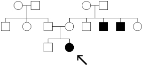 In the following pedigree,the shaded symbols represent a rare X-linked disease of the blood.The propositus has 45 chromosomes and is sterile.Propose a single mechanism to account for both the sterility and the blood disease in this female.   A) The woman's father was a carrier for the disease on his X chromosome. B) The woman is likely demonstrating a case of Turner syndrome. C) The woman is likely demonstrating a case of Down syndrome. D) The woman's mother's eggs likely experienced a nondisjunction event.