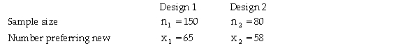 A major manufacturer of home electronics is interested in determining whether customers have a preference between two new speaker designs for their home entertainment centers.To test this,the design department manager has selected a random sample of customers and shown them the first design.A second sample of customers is shown design 2.The manager then asks each customer whether they prefer the new design they were shown over the one they currently own.The following results were observed:   Based on these data and a significance level equal to 0.05,the appropriate null and alternative hypotheses are:  