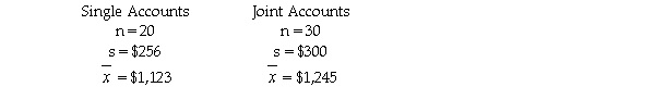 There is interest at the American Savings and Loan as to whether there is a difference between average daily balances in checking accounts that are joint accounts (two or more members per account)versus single accounts (one member per account).To test this,a random sample of checking accounts was selected with the following results:   Based upon these data,the test statistic for testing whether the two populations have equal variances is F=1.3733.