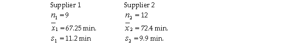 A PC company uses two suppliers for rechargeable batteries for its notebook computers.Two factors are important quality features of the batteries: mean use time and variation.It is desirable that the mean use time be high and the variability be low.Recently,the PC maker conducted a test on batteries from the two suppliers.In the test,9 randomly selected batteries from Supplier 1 were tested and 12 randomly selected batteries from Supplier 2 were tested.The following results were observed:   Based on these sample results,can the PC maker conclude that a difference exists between the two batteries with respect to the population standard deviations? Test using a 0.10 level of significance.