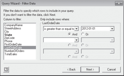    Robert has imported some data from Access and is using the Query Wizard to filter the data. Please refer to the above figure when answering the questions below. -If Robert wanted to find all records with the value IL in the State field, he would click State in the Column to filter list box, click the State list arrow, and then click ____. Click the list arrow for the second list box, and then select IL. A)  equals B)  find C)  IL D)  search