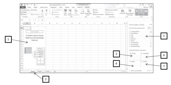 MATCHING     Identify the letter of the choice that best matches the PivotTable that has been added to the worksheet shown in the figure above. -FILTERS area A) #1 B) #2 C) #3 D) #4 E) #5 F) #6 G) #7