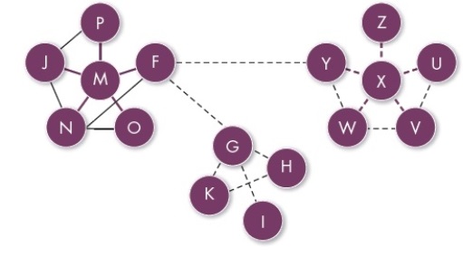 Based on the network diagram, which of the following is a weak tie to M?   A)  O B)  P C)  F D)  Y