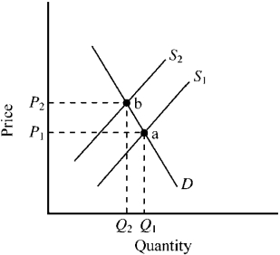 Use the figure below to answer the following question(s) . Figure 5-2    -Figure 5-2 illustrates the market for a product that generates an external cost.S₁ is the private market supply curve,while S₂ is the supply curve including the external cost.Which of the following is true? A) Point a illustrates the competitive private market outcome,while point b illustrates the outcome consistent with economic efficiency. B) Point b illustrates the competitive private market outcome,while point a illustrates the outcome consistent with economic efficiency. C) The competitive private market outcome is consistent with the conditions for economic efficiency. D) The good will tend to be undersupplied relative to the conditions for economic efficiency.