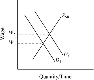 Figure 12-2    -If an unanticipated increase in demand in Figure 12-2 shifts the demand for accountants from D₁ to D₂,how will the higher level of demand influence the wages of accountants in the short run and the long run? A) In the short run,wages will increase to W₂,but the wage increase will be smaller in the long run. B) In the short run,wages will be less than W₂,but in the long run,they will rise to W₂. C) In the short run,wages will increase to W₂,and in the long run,they will be even higher than W₂. D) Employment will increase,but the higher level of demand will not alter the wages of accountants.