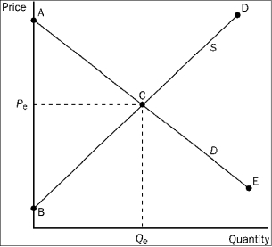 Figure 3-19    -Refer to Figure 3-19. If the government mandated a price increase from Pₑ to a higher price, then A) total surplus would decrease. B) consumer surplus would increase. C) total surplus would increase, since producer surplus would increase. D) total surplus would remain unchanged.