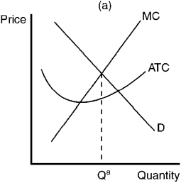 Figure 10-11                -Refer to Figure 10-11. Which of the graphs shown would be consistent with a firm in a competitive price-searcher market that is maximizing profit but profit is still negative? A) Panel a B) Panel b C) Panel c D) Panel d