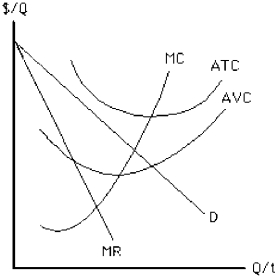 Figure 11-19    -In the short run, the monopolist depicted in Figure 11-19 should A) shut down because P < AVC at some output levels. B) shut down because P < ATC at all output levels. C) continue producing because P > AVC at some output levels. D) continue producing because P > ATC at all output levels. E) continue producing because monopolists never shut down.