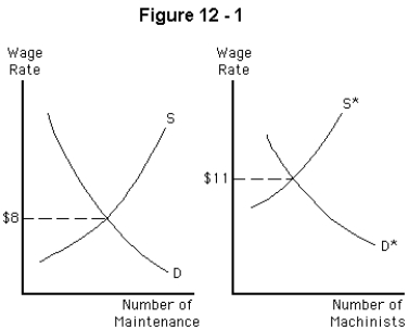   -Consider an economy in which all labor markets are perfectly competitive,all workers are equally able to do any job,and the nonwage attributes of all jobs are equally attractive to all workers.Figure 12-1 shows supply and demand curves in the labor markets for maintenance workers and machinists.In the long run,the hourly wage rate(s)  A)  for machinists will fall to $8 B)  for maintenance workers will rise to $11 C)  will equalize below $8 in both markets D)  will equalize between $8 and $11 in both markets E)  will equalize above $11 in both markets