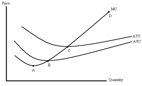   -Figure 9-15 depicts the cost curves for a perfectly competitive firm.This firm's short run supply curve is the section of the MC curve between points A)  A and D. B)  B and D. C)  C and D. D)  B and C.