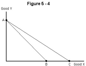 <strong> Suppose that a consumer's original budget line was AC in Figure 6-4,but it has now changed to line AB.Which of the following must have occurred?</strong> A)The price of good X must have risen. B)The price of good Y must have risen. C)The price of good Y must have fallen. D)The price of good X must have fallen. E)The consumer's income must have risen.