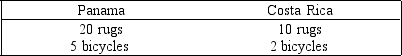 Figure 16-5 Quantities of goods that can be produced in one day with available resources:    -In Figure 16-5,which of the following is true? A) Both countries can benefit from trade if Panama produces bicycles and Costa Rica produces rugs. B) Both countries can benefit from trade if Panama produces both rugs and bicycles. C) Both countries can benefit from trade if Panama produces rugs and Costa Rica produces bicycles. D) Both countries can benefit from trade if Costa Rica produces bicycles and rugs. E) Neither country can benefit from trade since Panama has an absolute advantage in producing both bicycles and rugs.