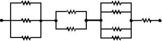  Each of the resistors in the diagram is 12  \Omega . The resistance of the entire circuit is:   A)  5.76   \Omega  B)  25   \Omega  C)  48   \Omega  D)  120   \Omega  E)  none of these 