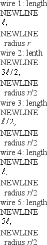 Five cylindrical wires are made of the same material. Their lengths and radii are   Rank the wires according to their resistances, least to greatest. A)  1, 2, 3, 4, 5 B)  5, 4, 3, 2, 1 C)  1 and 2 tie, then 5, 3, 4 D)  1, 3, 4, 2, 5 E)  1, 2, 4, 3, 5
