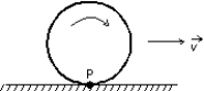  A wheel rolls without slipping along a horizontal road as shown. The velocity of the center of the wheel is represented by  \rightarrow . Point P is painted on the rim of the wheel. The instantaneous velocity of point P is:   A)   \rightarrow  B)  \leftarrow  C)   \uparrow  D)    E)  zero 