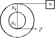 A small disk of radius R<sub>1</sub> is mounted coaxially with a larger disk of radius R<sub>2</sub>. The disks are securely fastened to each other and the combination is free to rotate on a fixed axle that is perpendicular to a horizontal frictionless table top,as shown in the overhead veiw below. The rotational inertia of the combination is I. A string is wrapped around the larger disk and attached to a block of mass m, on the table. Another string is wrapped around the smaller disk and is pulled with a force   as shown. The acceleration of the block is:   A)  R<sub>1</sub>F/mR<sub>2</sub> B)  R<sub>1</sub>R<sub>2</sub>F/(I - mR<sup>2 </sup><sub>2</sub>)  C)  R<sub>1</sub>R<sub>2</sub>F/(I + mR<sup>2 </sup><sub>2</sub>)  D)  R<sub>1</sub>R<sub>2</sub>F/(I - mR<sub>1</sub>R <sub>2</sub>)  E)  R<sub>1</sub>R<sub>2</sub>F/(I + mR<sub>1</sub>R <sub>2</sub>) 