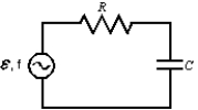 The average power supplied to the circuit shown passes through a maximum when which one of the following is increased continuously from a very low to a very high value?   A)  source emf B)  R C)  C D)  source frequency f E)  none of these