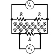 A changing magnetic field pierces the interior of a circuit containing three identical resistors. Two voltmeters are connected as shown. V<sub>1</sub> reads 1 mV across R. V<sub>2</sub> reads the voltage across the other two resistors, which is:   A)  0 V B)  1/3 mV C)  1/2 mV D)  1 mV E)  2 mV